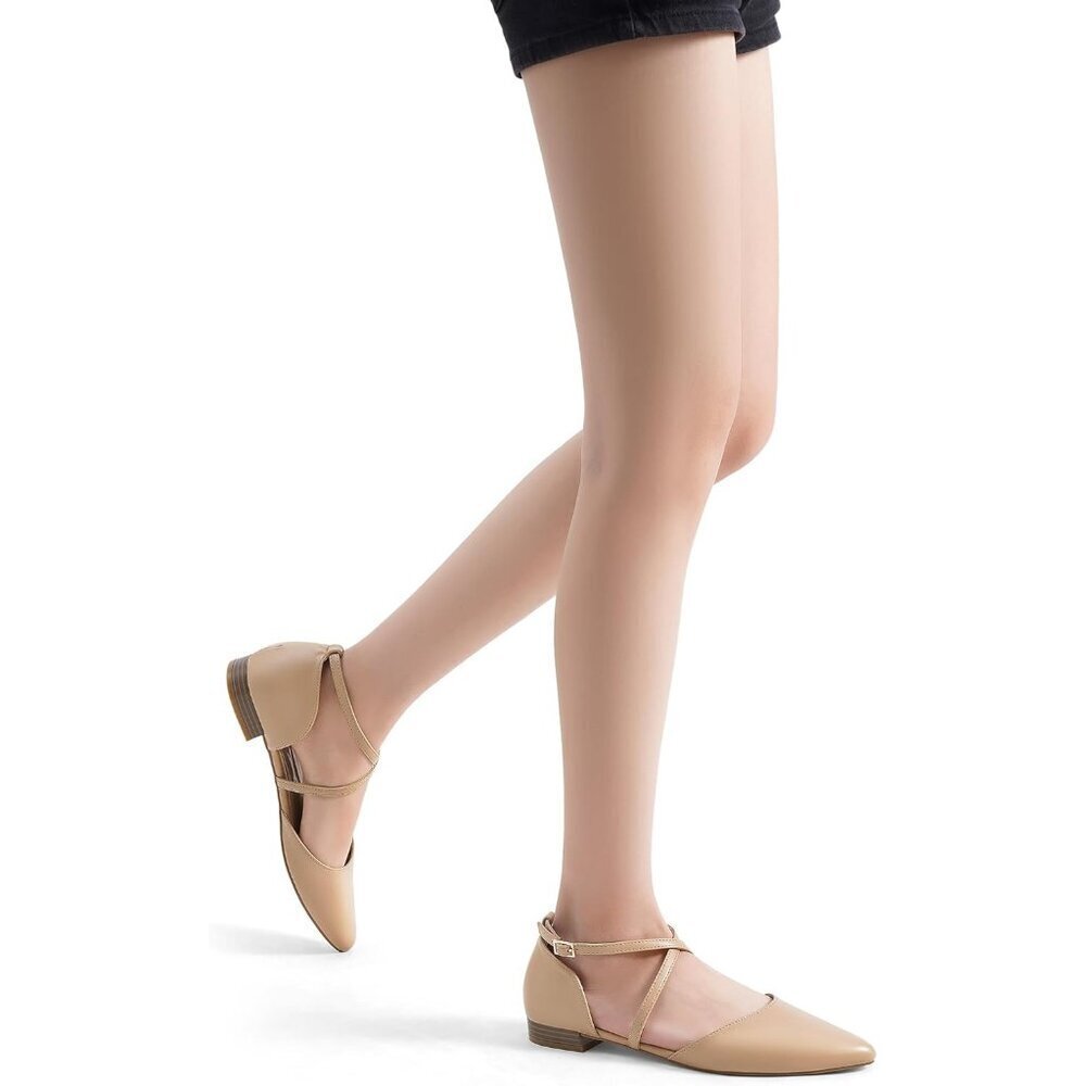 Women Slingback-nude Faux Leather Pointed Toe Adjustable Ankle Strap Flats